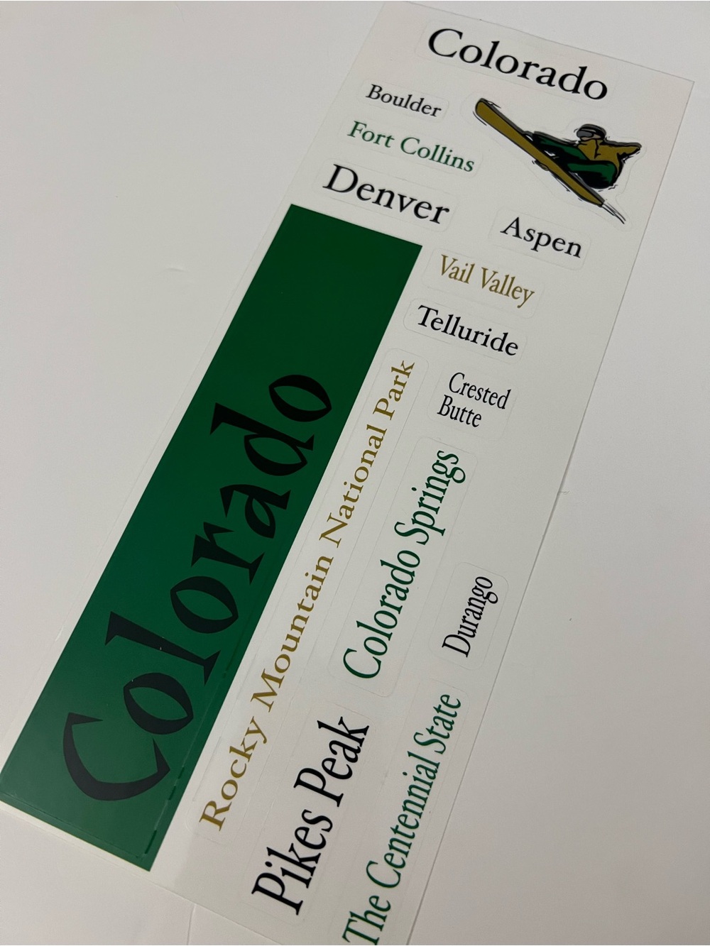 Colorado State Cities Landmarks Sticker Sheet - Green and Gold Text